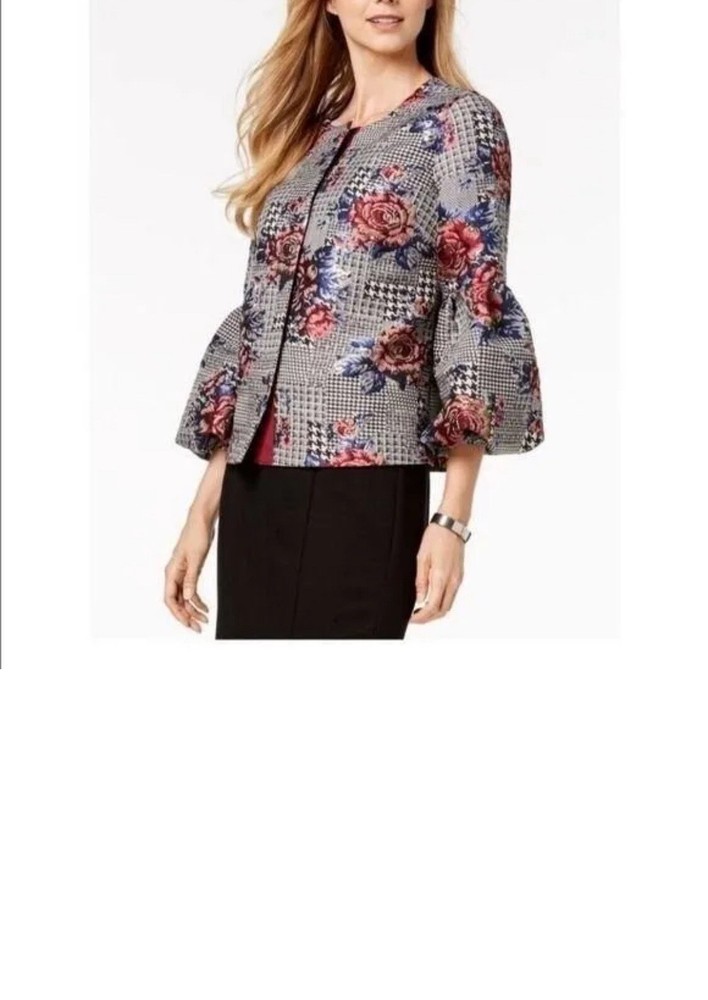 ALFANI Houndstooth Floral Blazer Bubble Balloon Sleeve Metallic Accent Jacket L