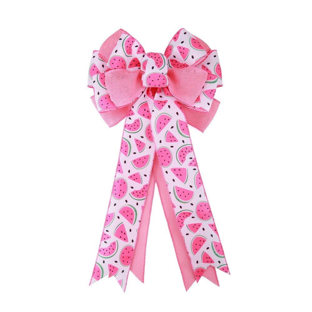 Large Watermelon Burlap Bow 20 x 10 Inch Red Pink and Green Summer Wreath Bow...