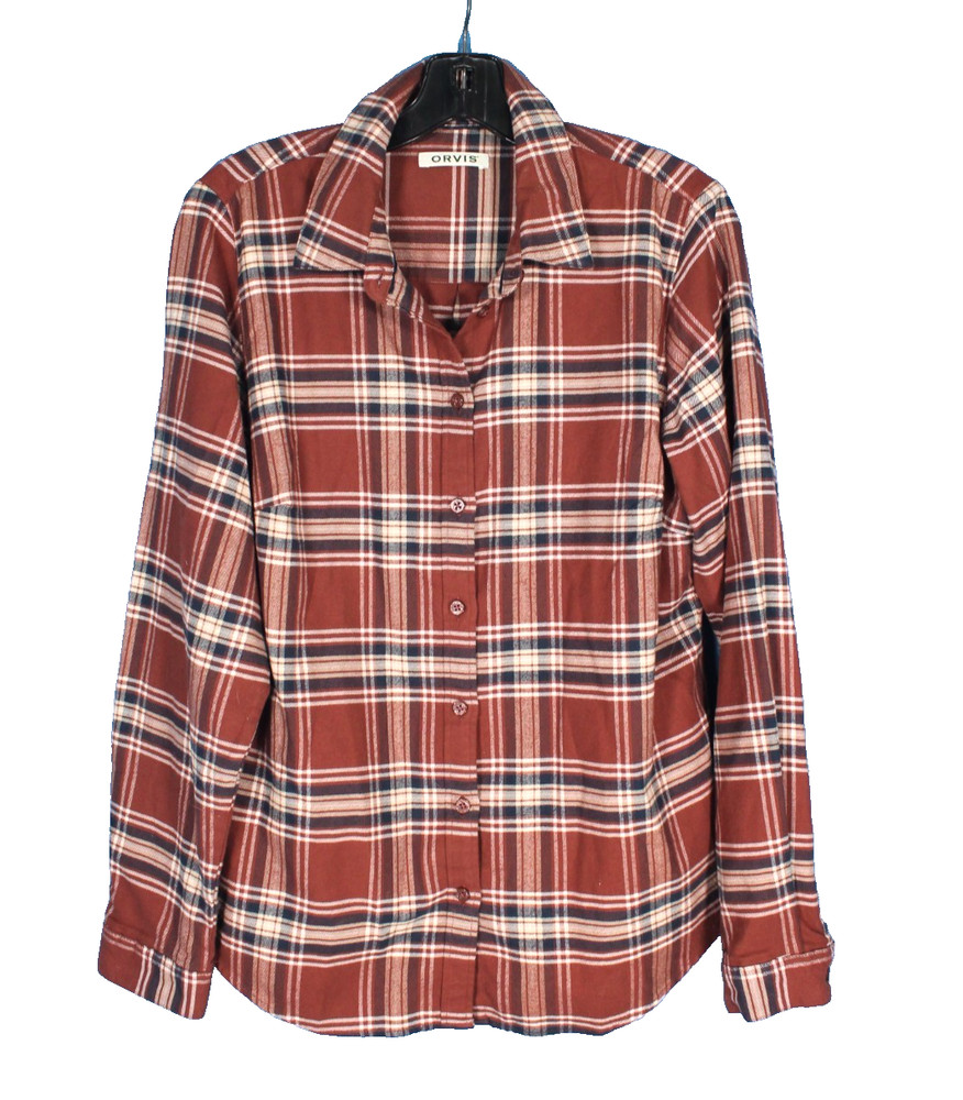 ORVIS Women's BROWN/NAVY PLAID Lightweight FLANNEL Button-Up SHIRT/TOP Sz M