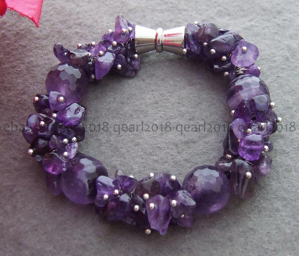Natural Amethyst Bracelet Irregular Chip Gemstone Beads 8'' Magnetic Clasp
