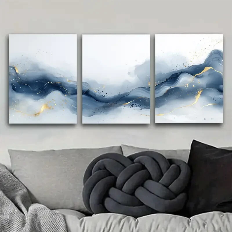 3pcs Abstract Blue and Golden Wave Glam Style Wall Art  Canvas Unframed/Framed