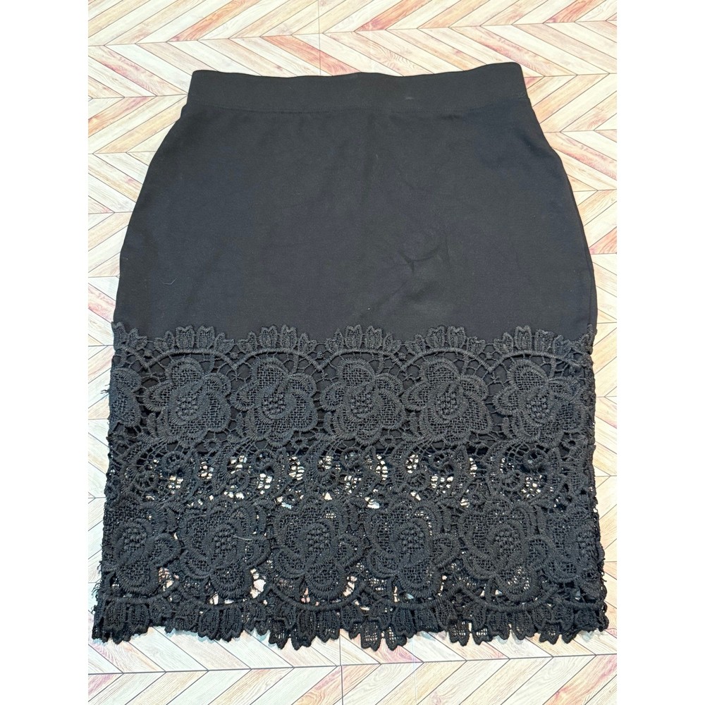 Haute Monde Black Lace Trim Pencil Skirt Midi Women's Size M