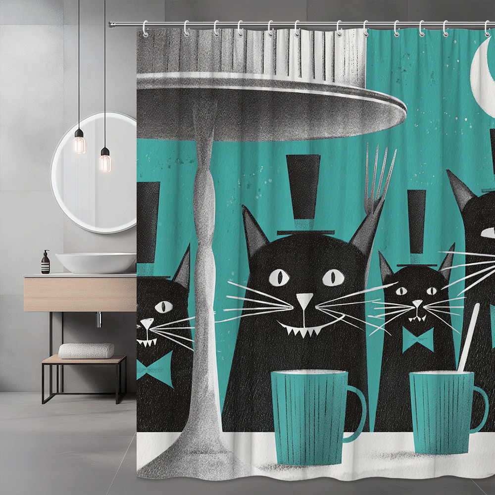 Black Cat Shower Curtain, Teal Halloween Graphic Print