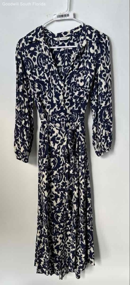 Zara Womens Blue And White Long Sleeve Button Front Midi Shirt Dress Size Small