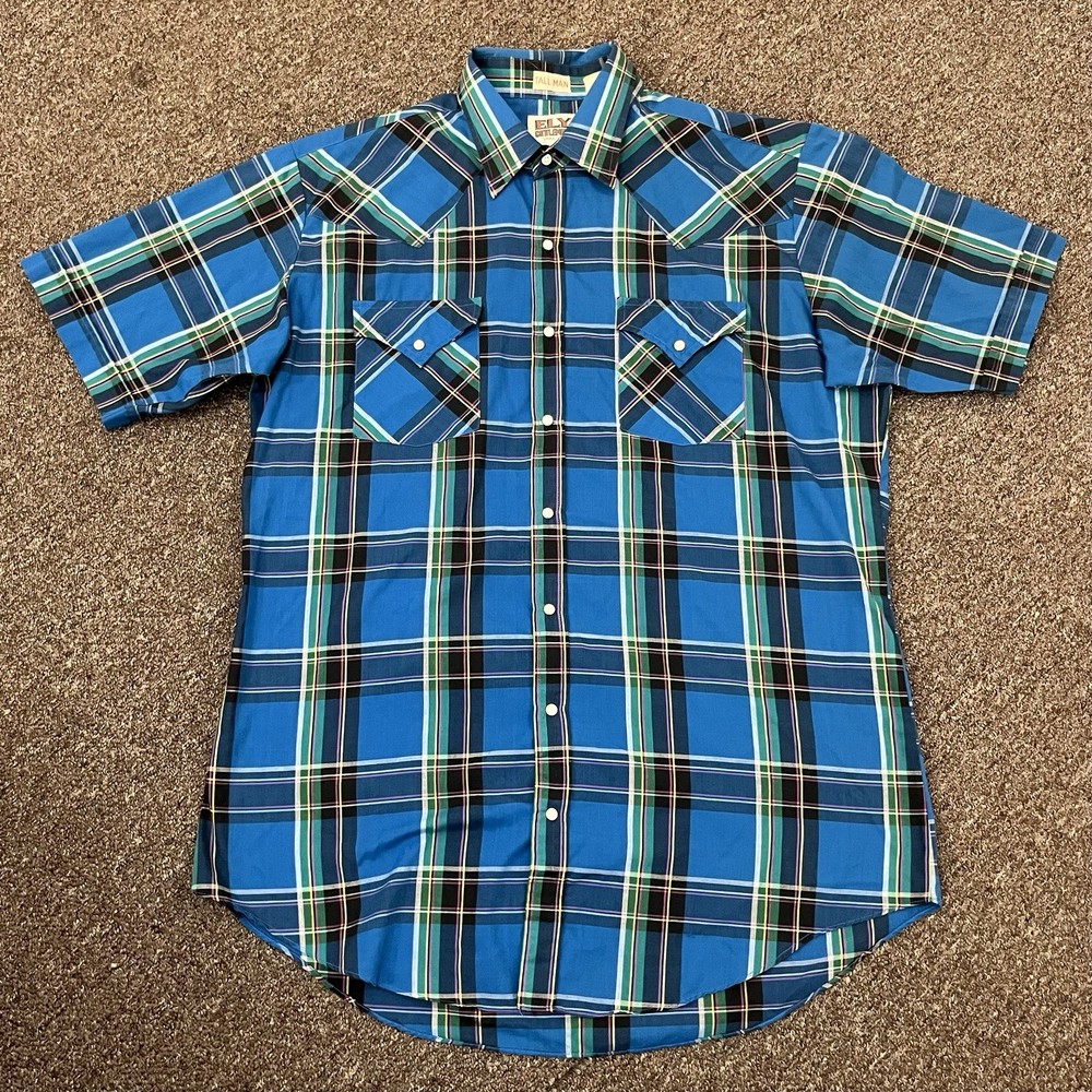 Vintage Ely Cattleman Pearl Snap Shirt Short Sleeve Men’s Large Tall Plaid Rodeo