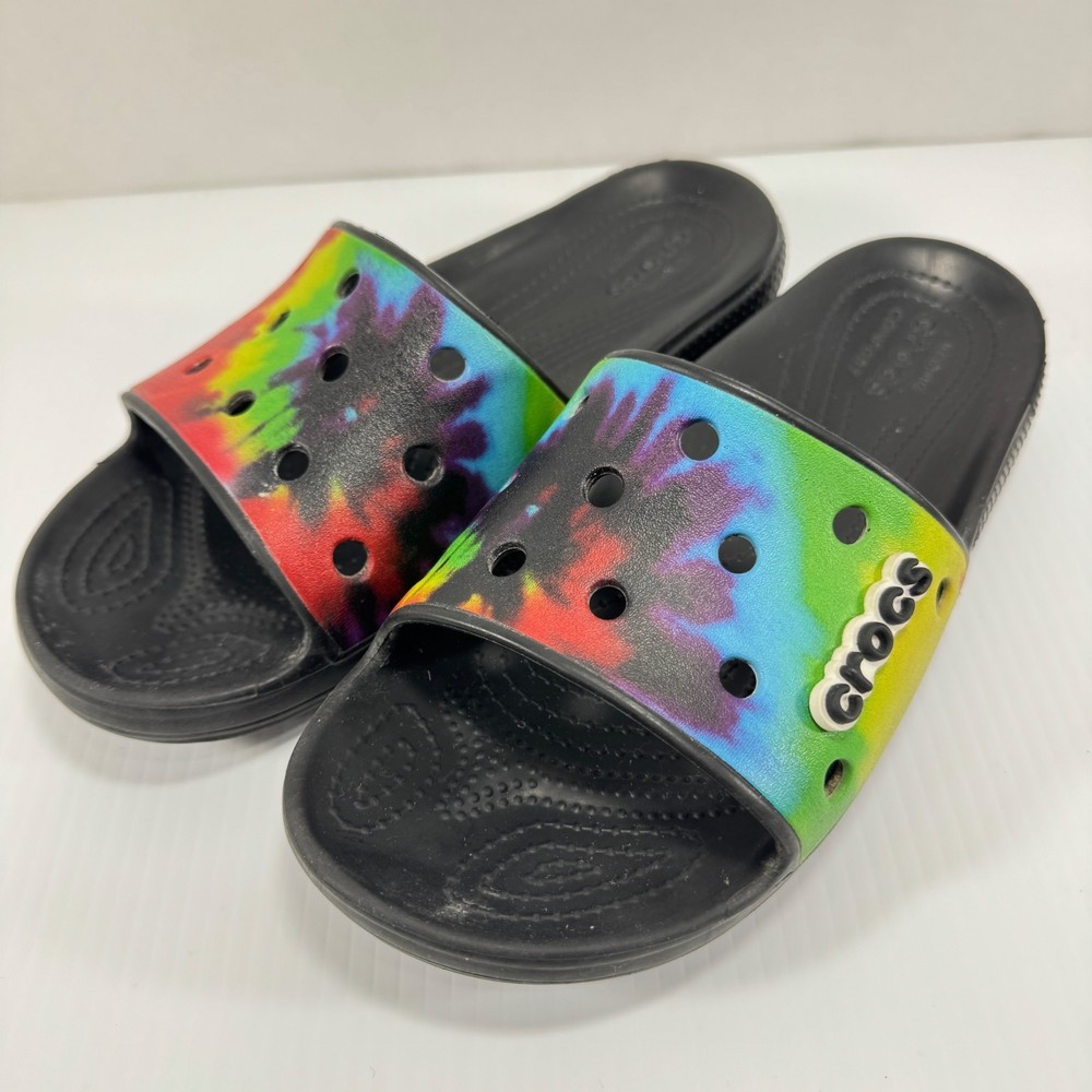 Crocs Unisex Tie Dye Black Rainbow Slide Sandals Size 7M 9W