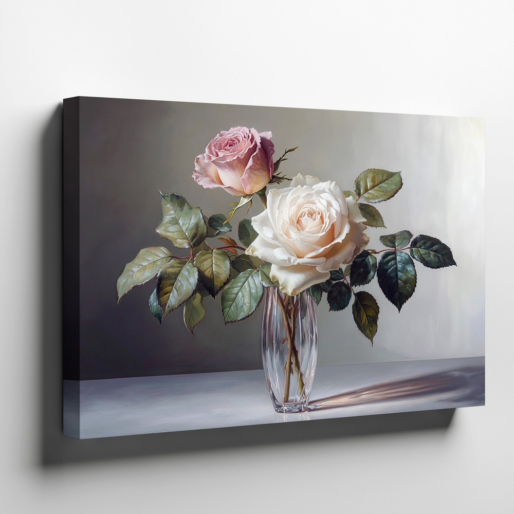 White and Pink Roses in Glass Vase Canvas Wall Art Floral Home Decor Print