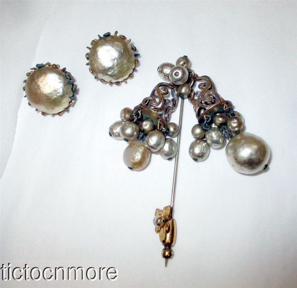 Vintage Miriam Haskell Baroque Pearl Dangles Stick Pin Brooch & Button Earrings