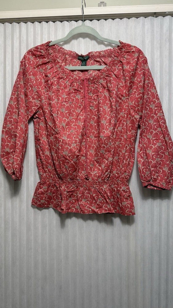 Lauren Jeans Co Ralph Lauren Women Boho Peasant Top Orange Beige Floral Sz S