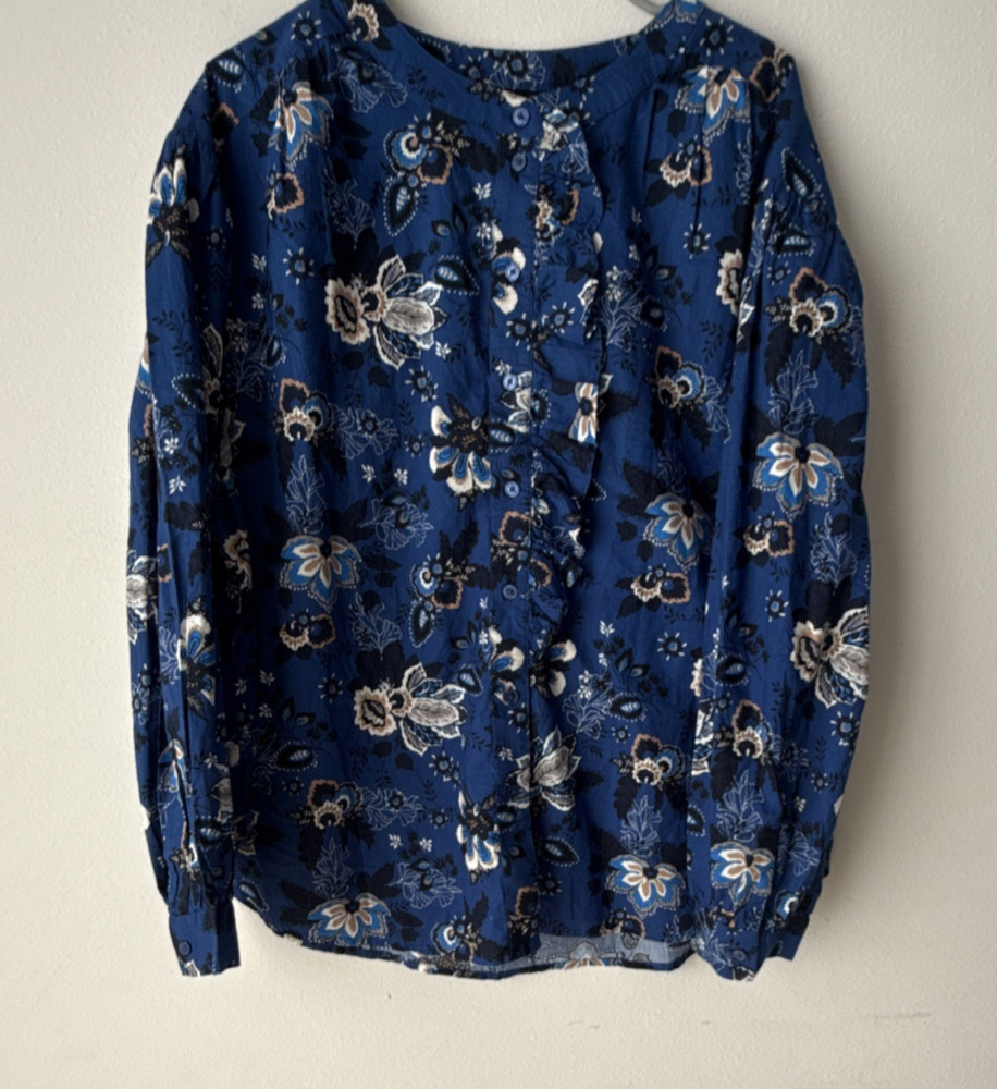 Lane Bryant Floral Button-Up Blouse Blue Long Sleeve Plus Size 18