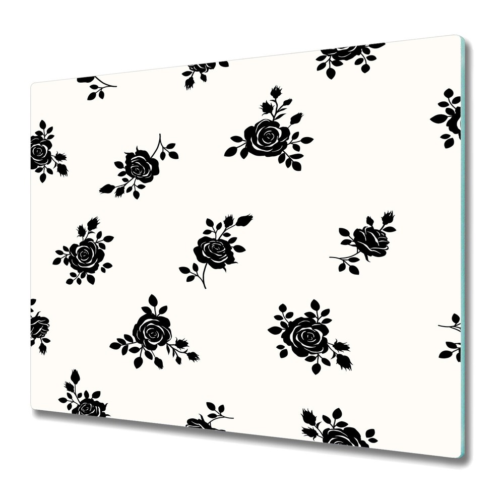 Tempered Glass Induction Ceramic Hob Cover Roses white and black 60x52