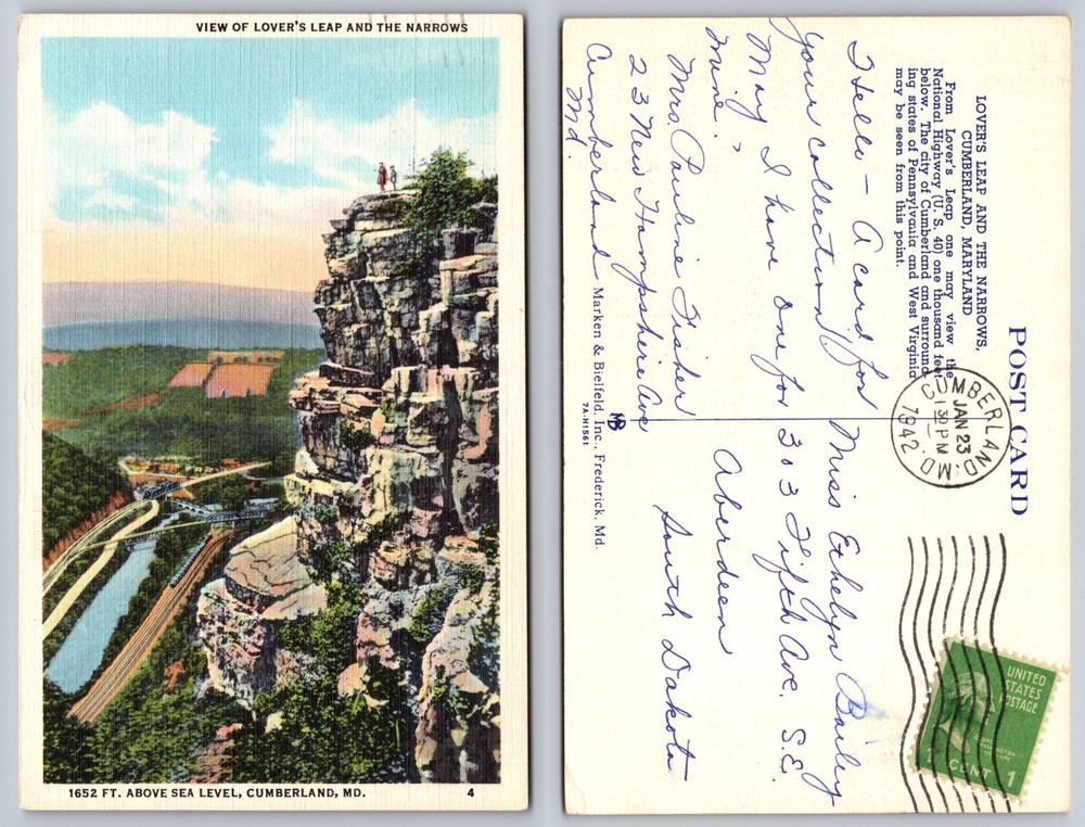 Lovers Leap Cumberland MD Cliff River View Postcard