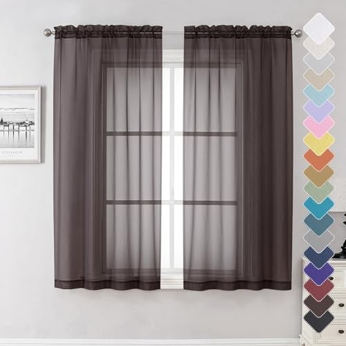 Sheer Curtains 63 Inch Length 2 Panels Set, Chocolate Window Curtains for