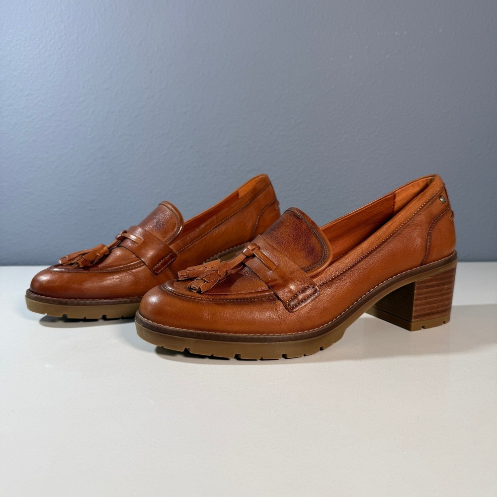 Pikolinos Women Cognac Leather Tassel Chunky Heel Loafer Size 41(US Size 10) NEW