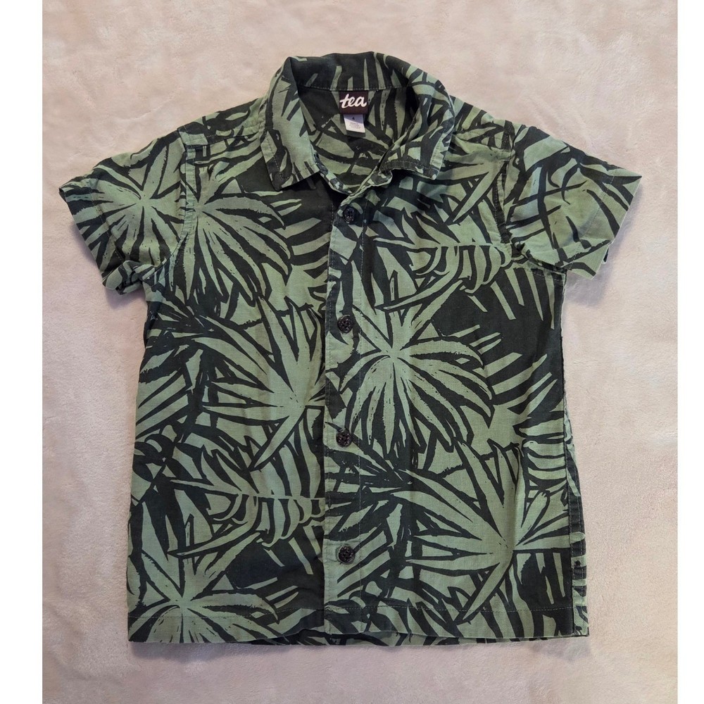 Tea Collection Size 4 Linen Blend Tropical Palm Print Button Down Shirt