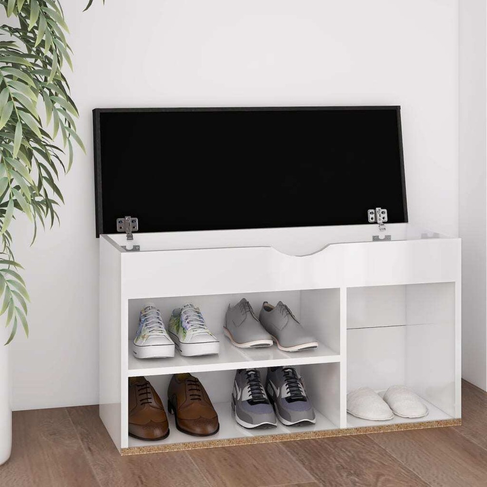 NNEVL High Gloss White Shoe Bench with Cushion 80x30x47 cm Chipboard