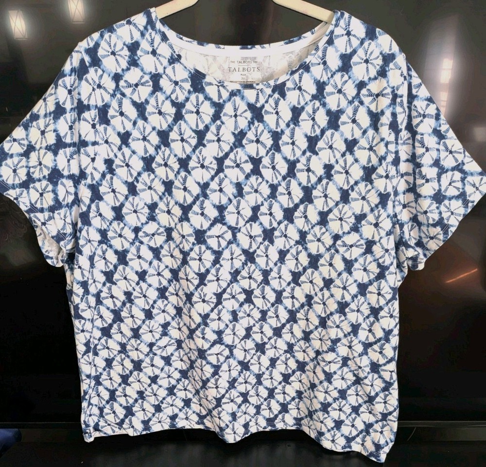 EUC Talbots 3X Plus Size Top Blue White Shibori Print Short Sleeve Crew Neck