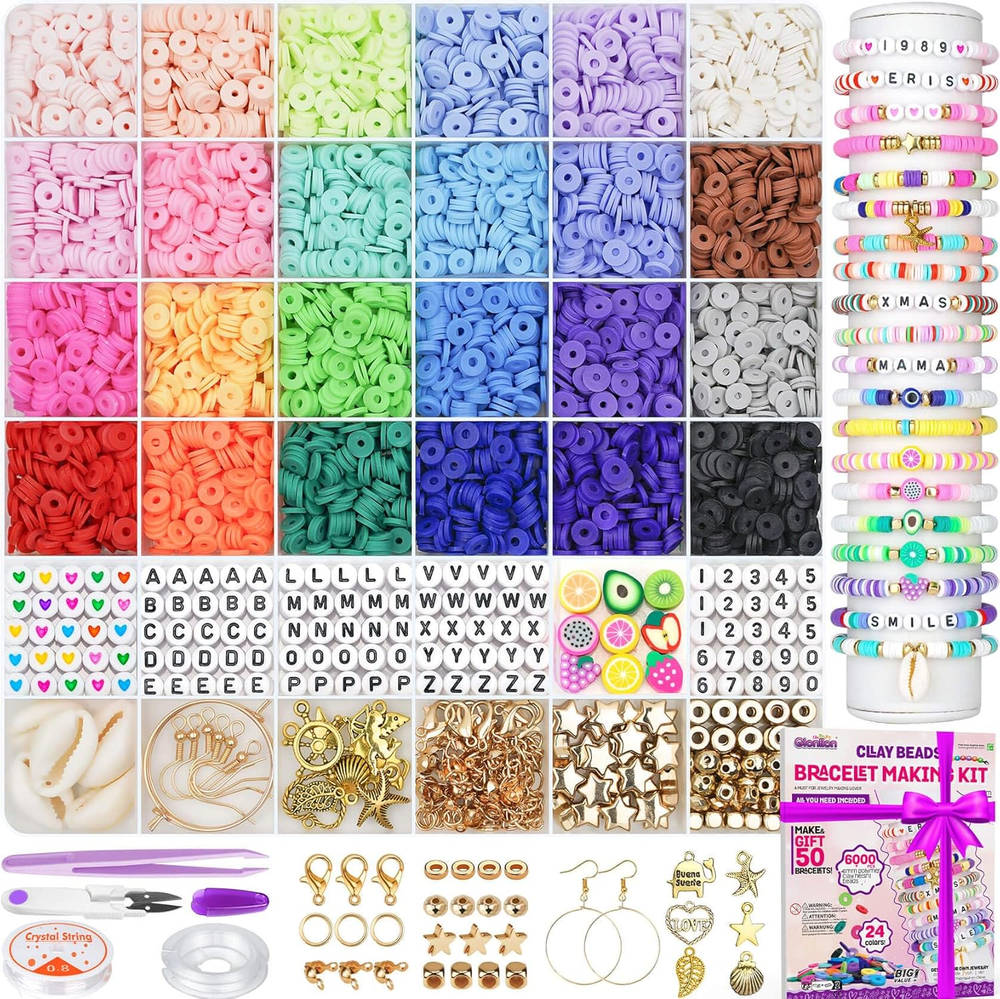6000 Clay Beads Bracelet Kit with 24 Colors Flat Preppy Beads for DIY Friendship Jewelry