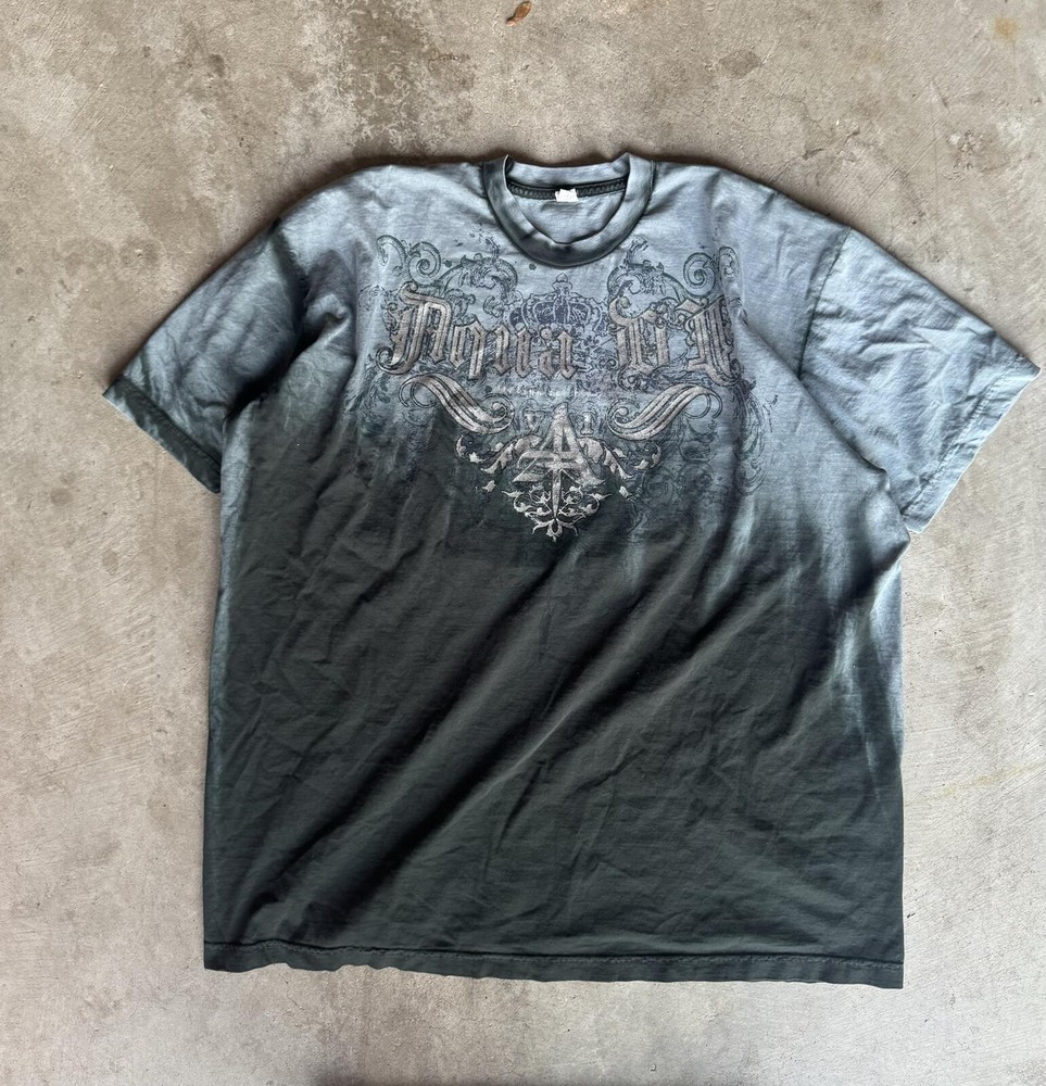 Vintage Y2K Goth Grey Distressed Affliction Style Shirt XXL