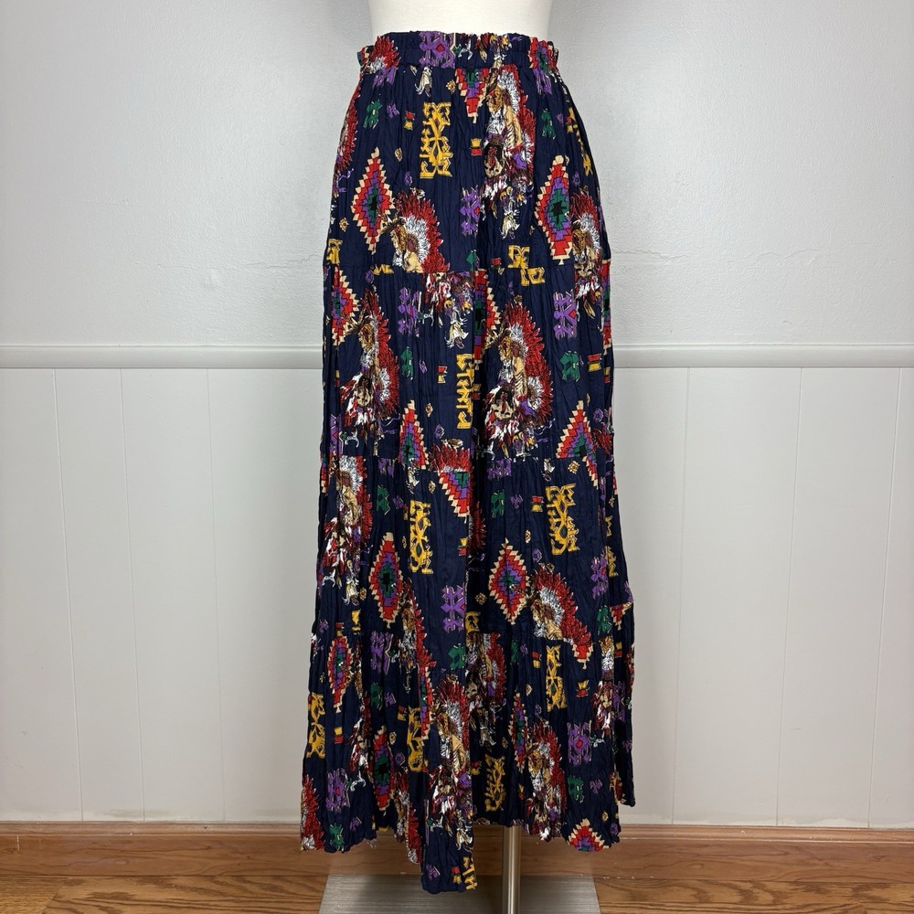 Vintage PullOn Maxi Skirt Tiered Pleated Sz M Southwestern Aztec Native American