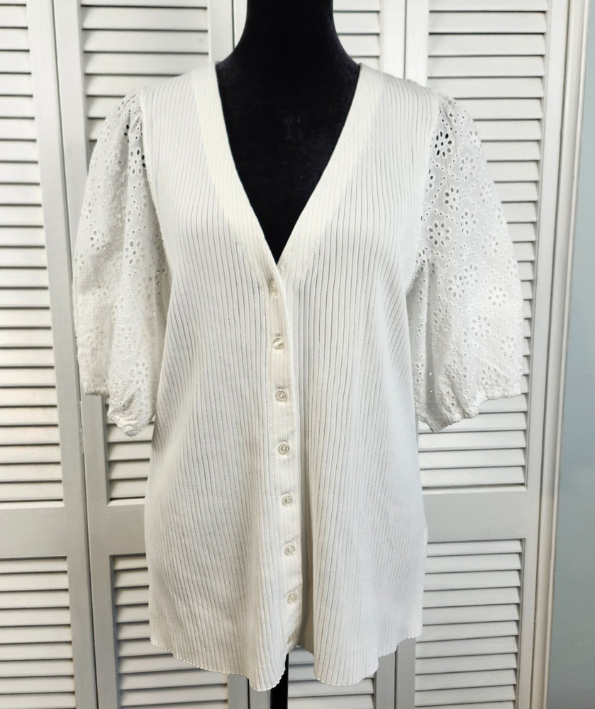 Boston Proper Button Top SZ Large White Ribbed Knit Eyelet Lace Puff Sleeve