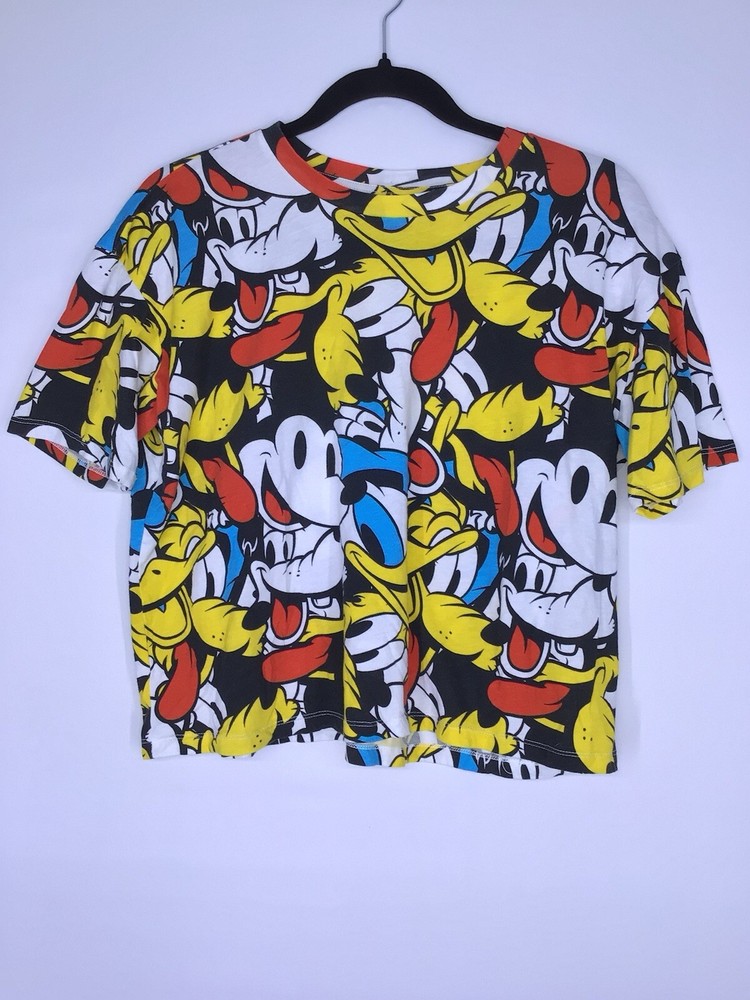 Disney All Over Print CROP Tee T-Shirt Juniors Size XL Mickey & Friends