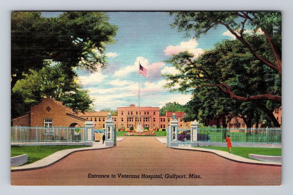 Gulfport MS-Mississippi, Entrance to Veterans Hospital, Vintage Postcard