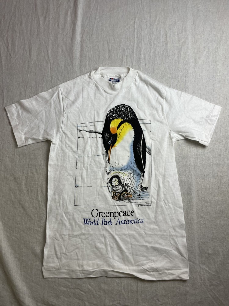 Vintage 80s Greenpeace World Park Antarctica White Mens S Penguin USA T-Shirt