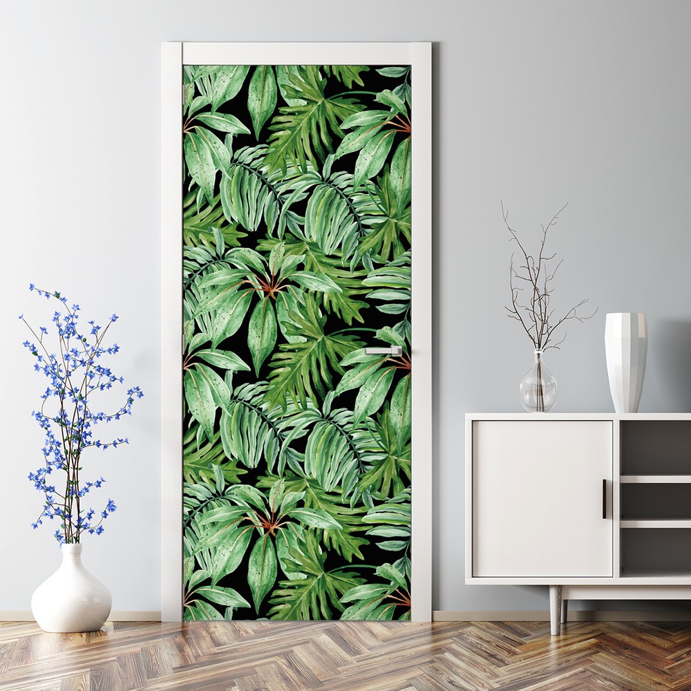 Tropical Banana Leaf Floral Print Bubble-Free Self-Adhesive Door Sticker