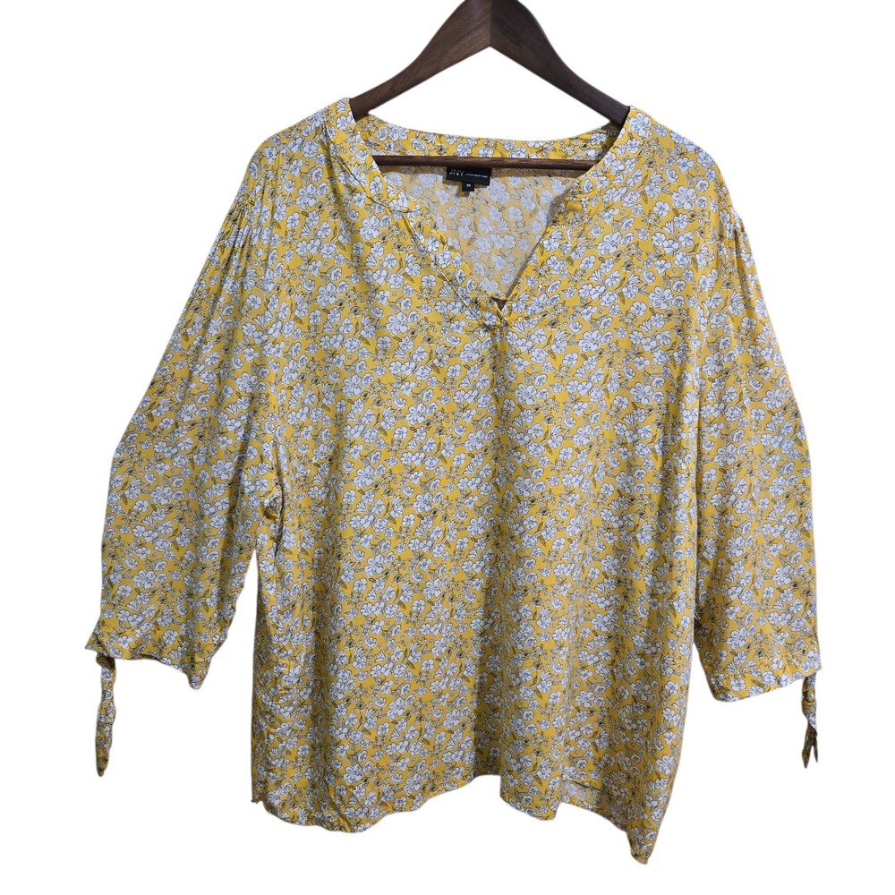 JNY Jones New York Shirt Womens 1X Yellow Floral Blouse Long Sleeve Flowy