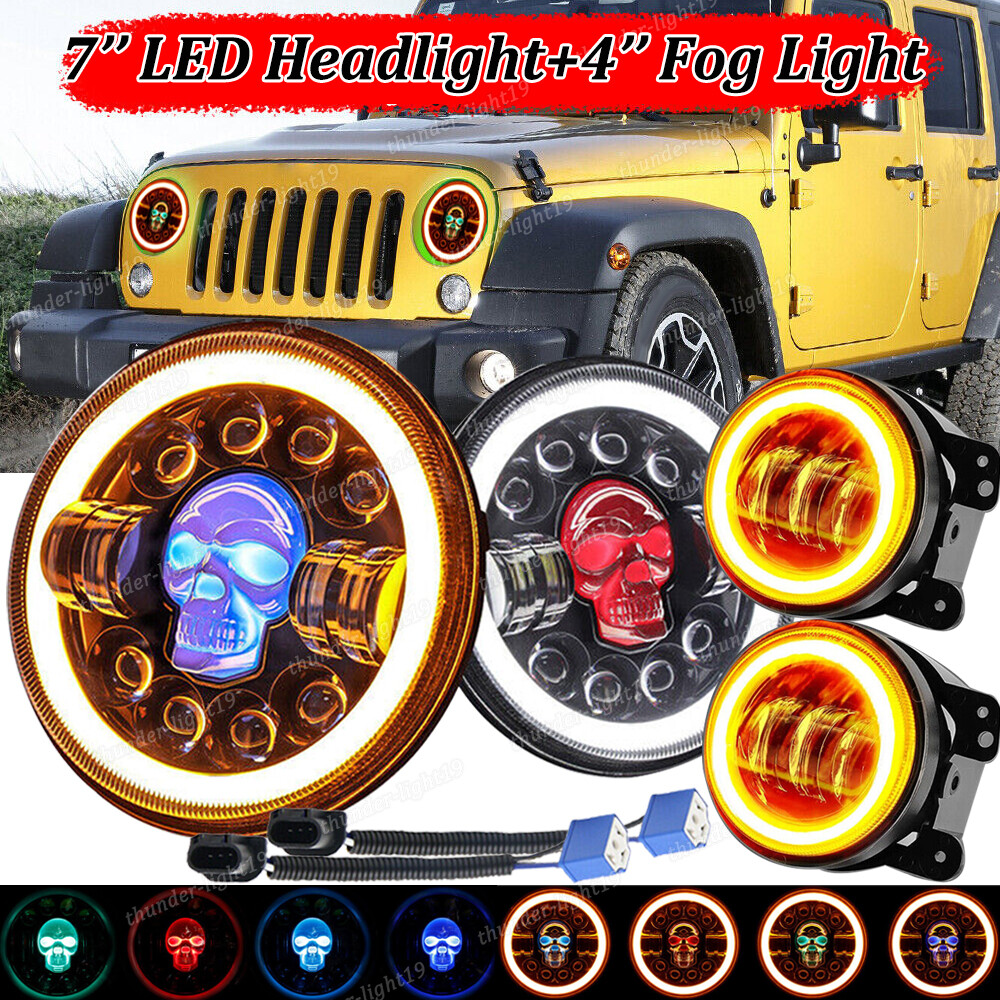 7 LED RGB Skull Headlights Halo 4 Fog Lights for Jeep Wrangler JK JKU 2007-2018