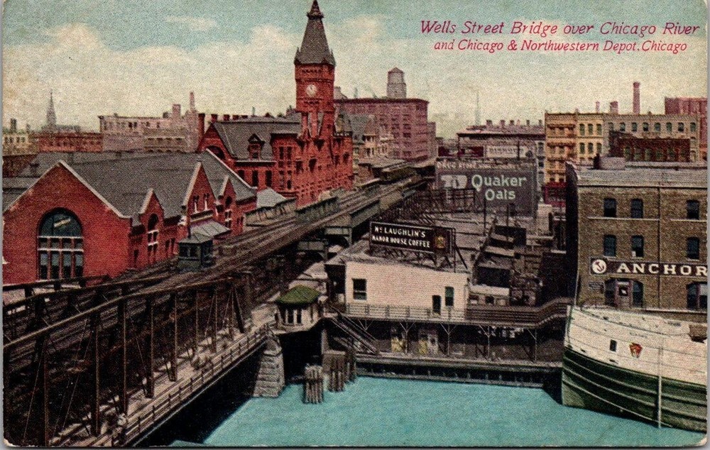 Chicago & Northwestern Depot Railway Wells Street Bridge River DB 1915 Postcard