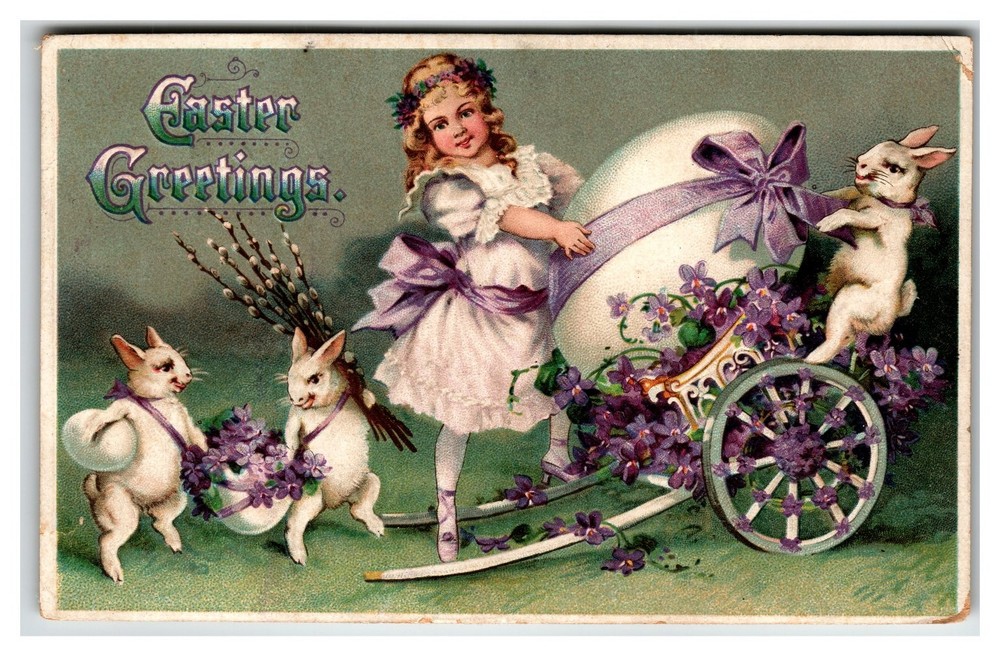 Vintage Easter Greetings Postcard Girl Rabbits Egg Cart Pussy Willows 1911