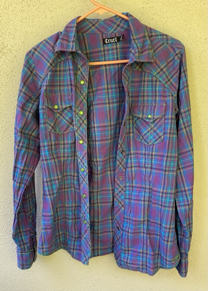 Cruel Cotton Flannel Plaid Button-Up Shirt Purple Blue Green M women Long Sleeve
