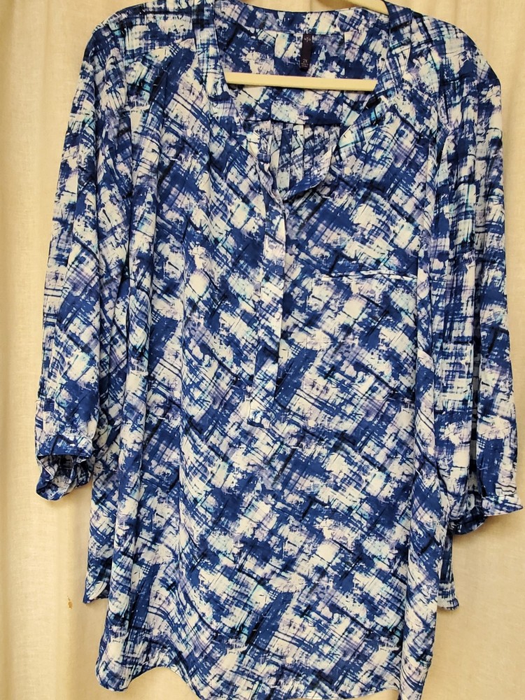 NYDJ Womens Plus Size Pullover Blouse Blue/ White Pattern Size 2X