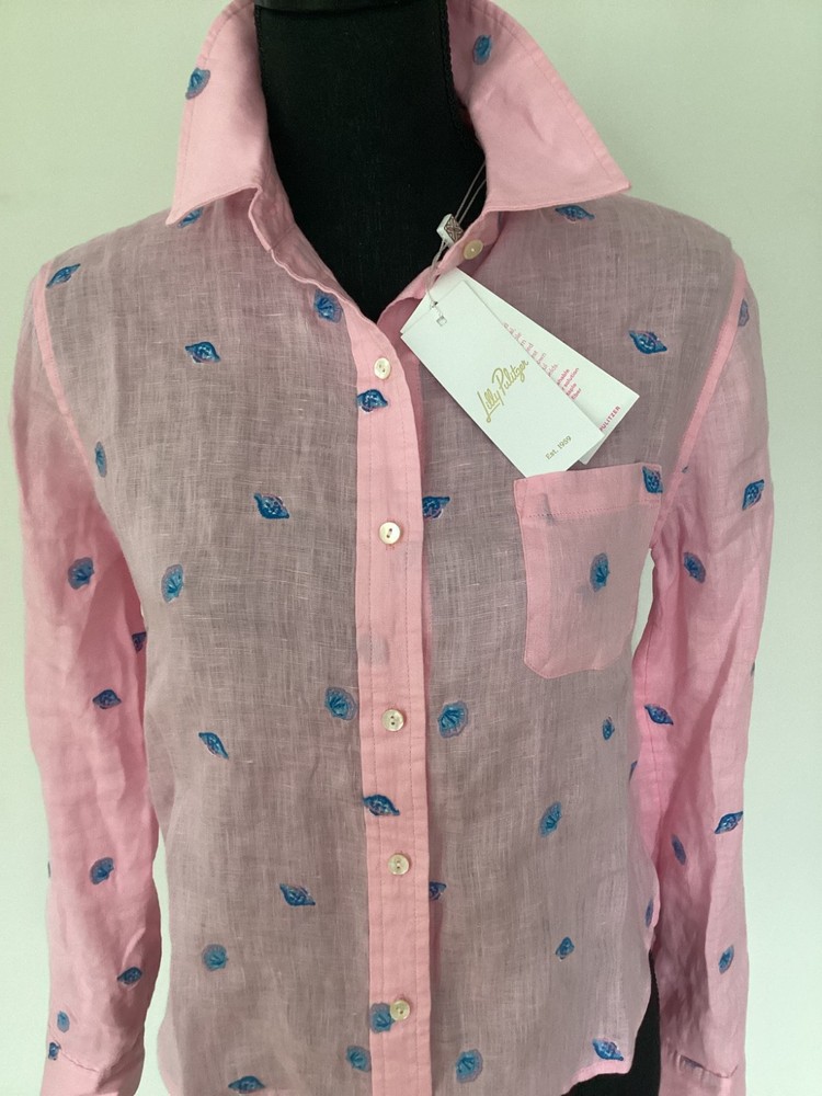 Lilly Pulitzer NWT Pink Linen Button Down Blouse Shirt Embroidered Size XXS