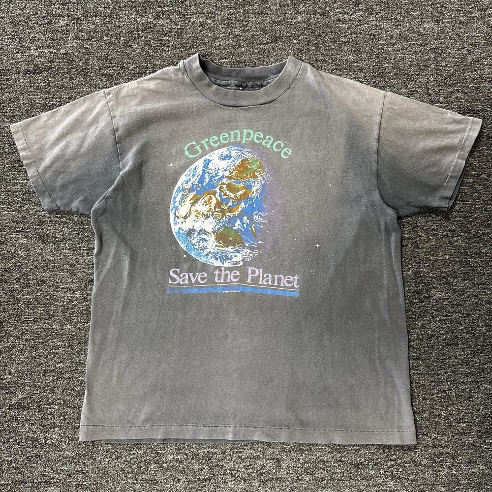 Vintage 90s Greenpeace Gradient Sun Faded Planet Earth T-Shirt Black - Size M