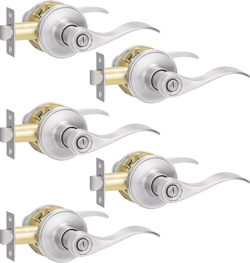5 Pack Keyless Privacy Door Levers with Lock in Brushed Nickel Finish