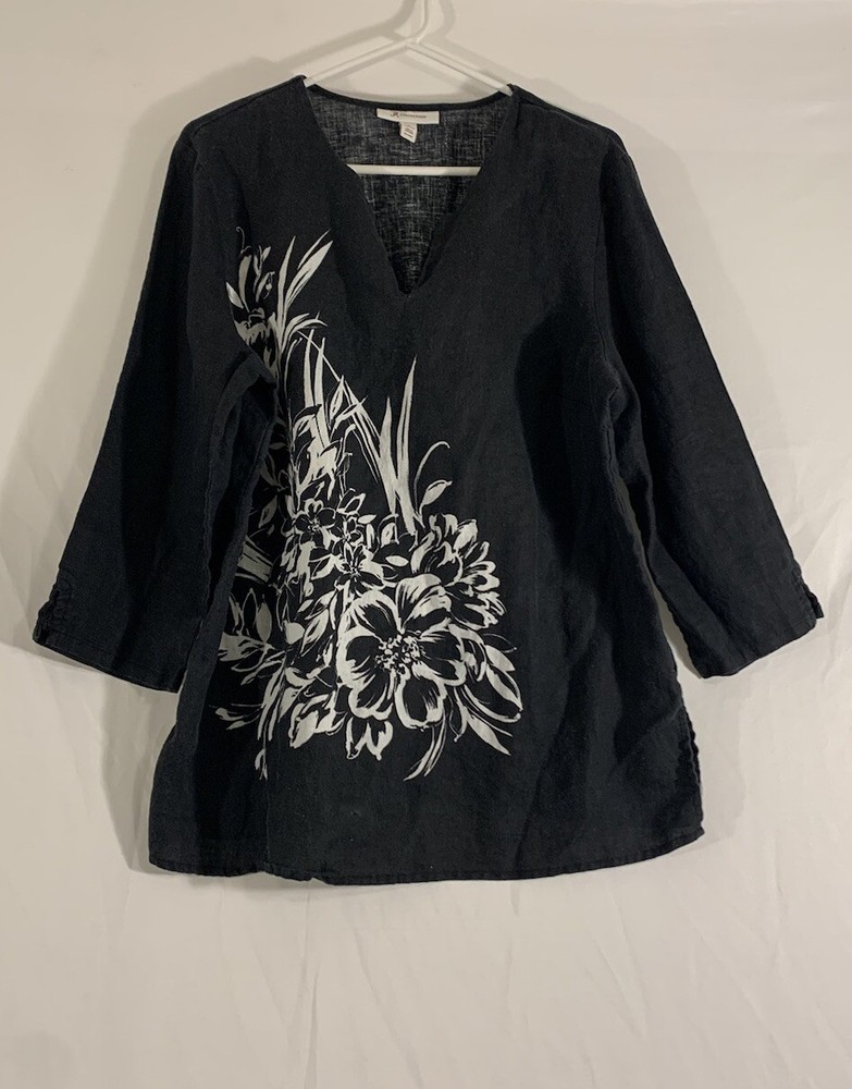 JM Collection Sz Plus 18 100% Linen Tunic 3/4 Sleeve Black White Floral GUC