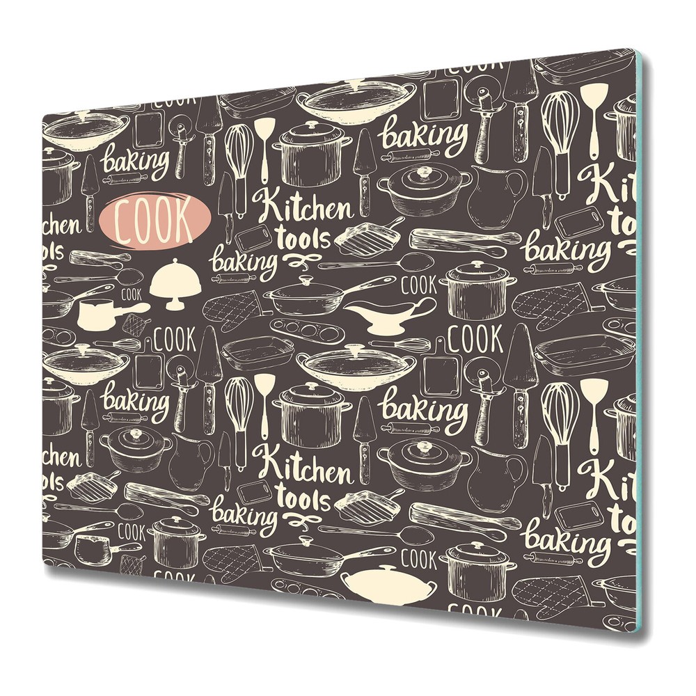 Glass Worktop Kitchen Chopping Board Dark Kitchen Set Pots Pans 60x52