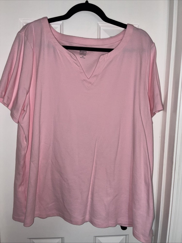 KIM ROGERS Perfectly Soft Pink 100% Cotton Tee 1X Split V-Neck, Short SleevesEUC