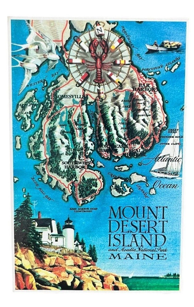 Mount Desert Island & Acadia National Park Maine Terrain Map Bar Harbor Postcard-image
