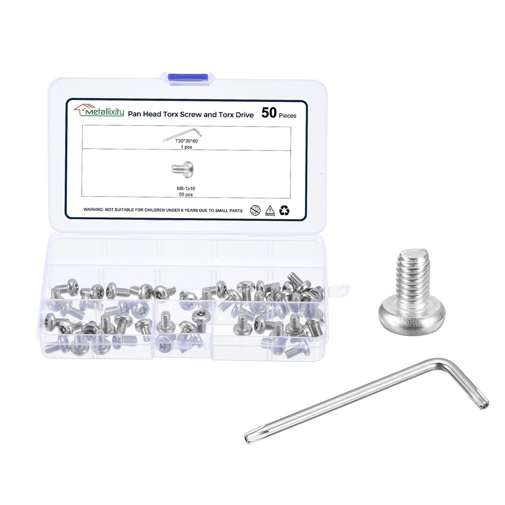 Pan Head Torx Screws (M6-1x10mm) 50Pcs, Stainless Steel 304, Silver Tone