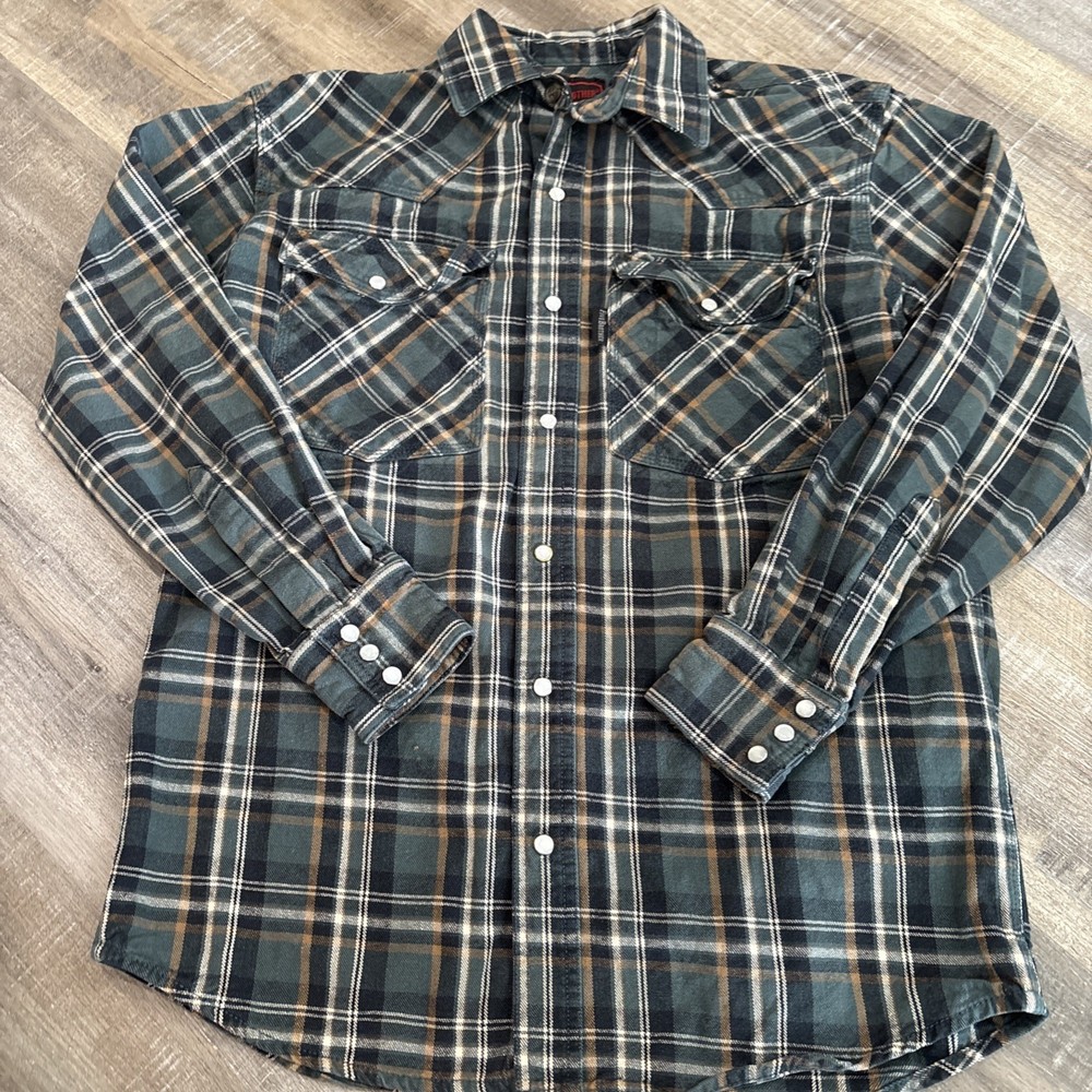 Five Brother Heavy Flannel Pearl Snap Shirt Plaid Men’s M Green Workwear READ