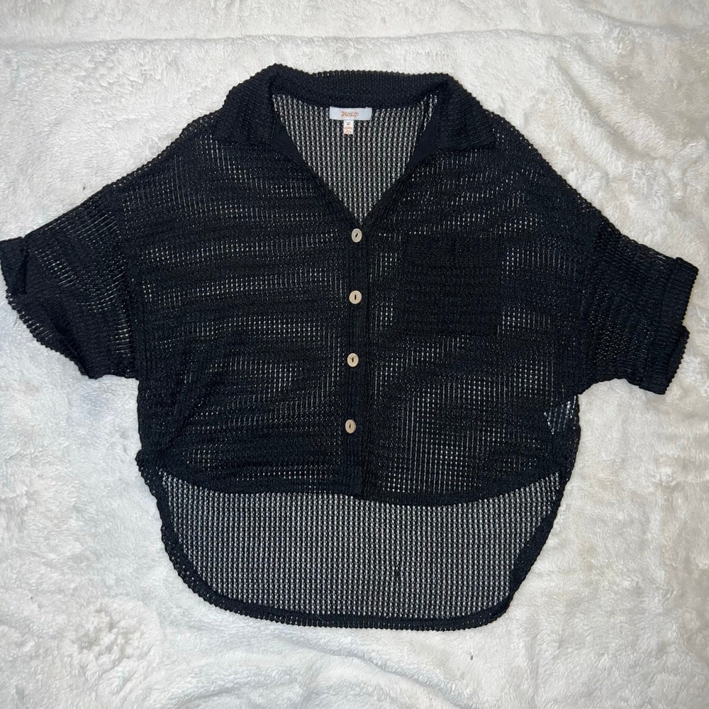 Y2K Peach Brand Sheer Black Mesh Button Up Short Sleeve Top Size Medium