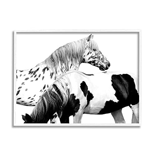 Modern Grazing Speckled Horses Black White Photography Framed Wall Art, 14 x 11