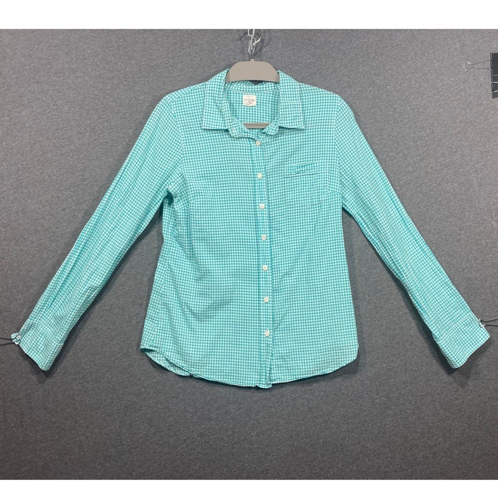 J.Crew The Perfect Shirt Teal White Gingham Cotton Button Down Womens Size M
