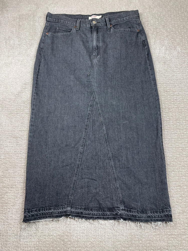 Levis Signature Skirt Womens Size 12 Black Denim Midi Slit Comfort Stretch Y2K