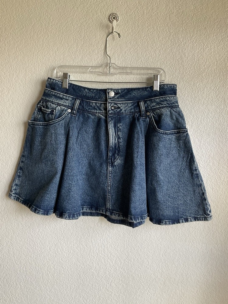 Scoop Womens Blue Denim Mini Skirt Double Waist Band Pleated Flared Size 12