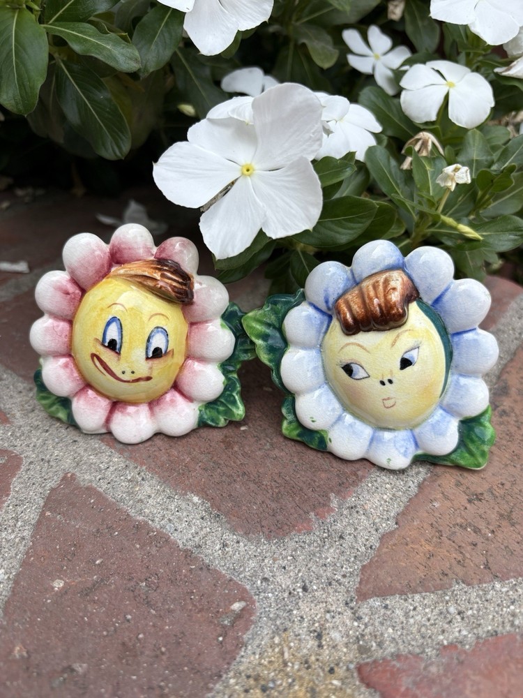 Vintage Anthropomorphic Pink & Blue Daisy Flower Salt & Pepper Shakers Japan